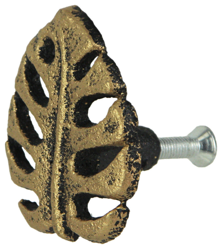 Set of 6 Gold Cast Iron Monstera Leaf Drawer Pulls Decorative Cabinet Knobs