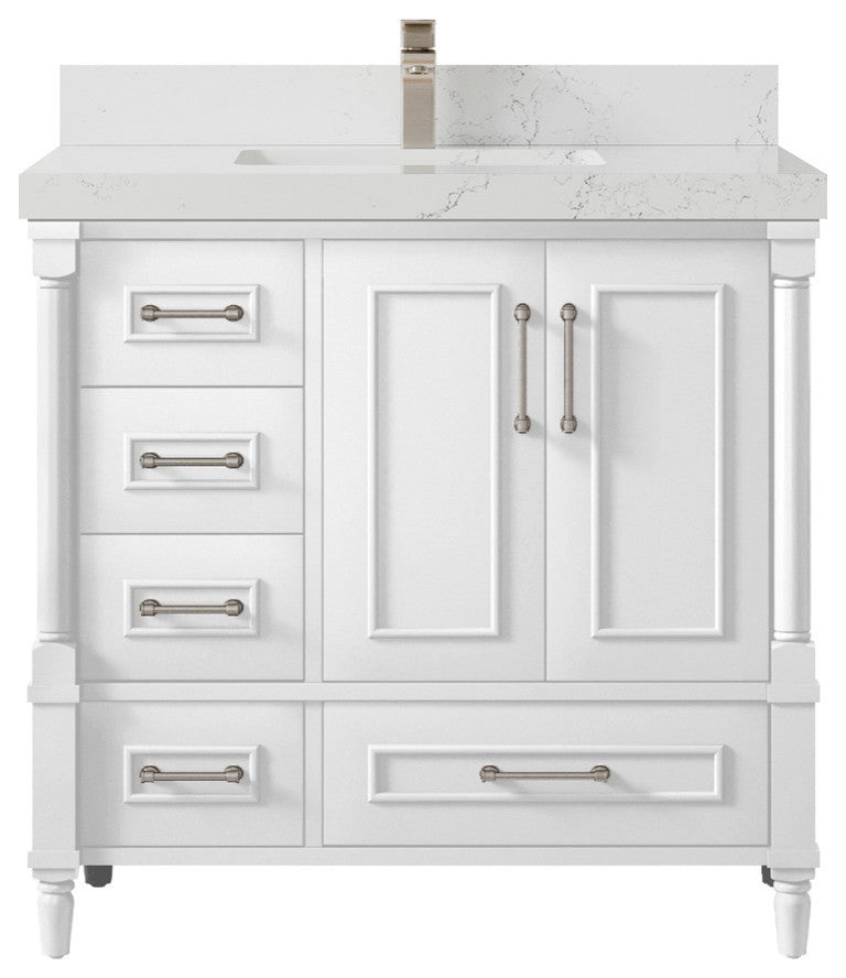 Aberdeen 36 Center Sink Bath Vanity in White 2" Empira Quartz