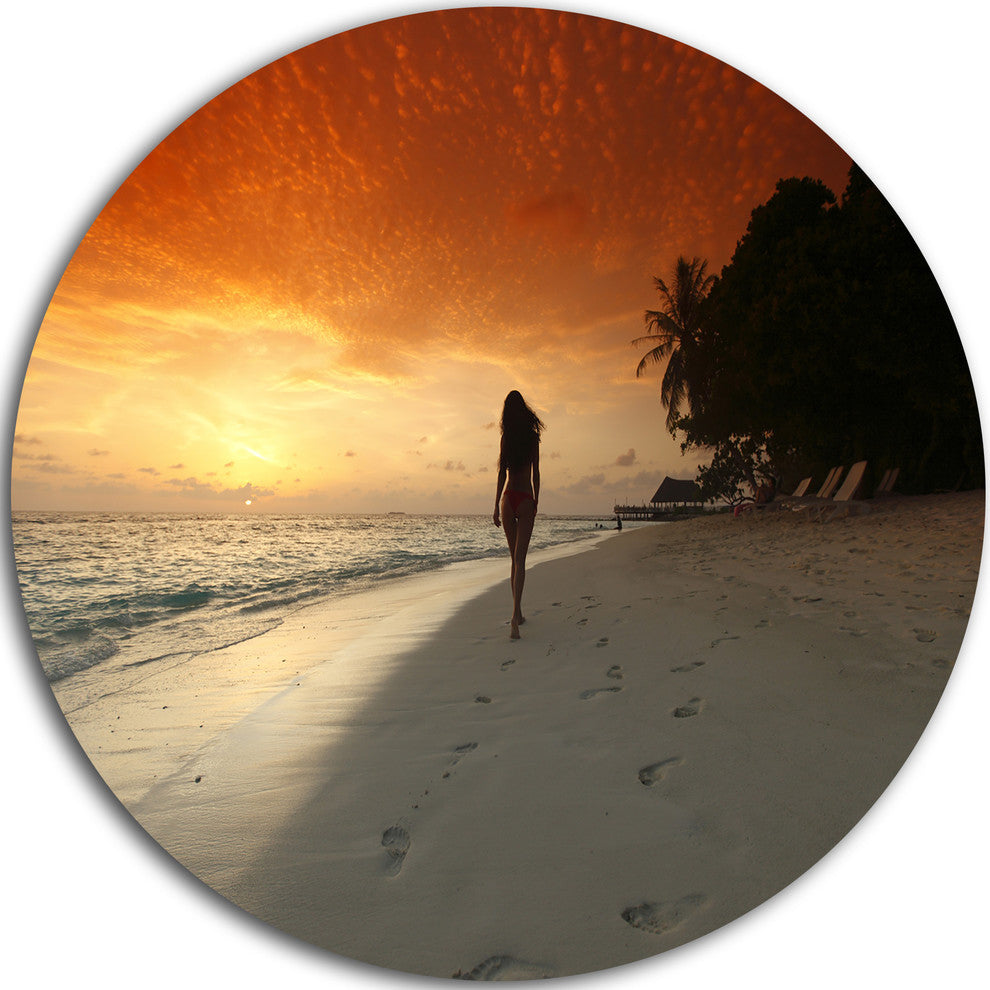 Woman Walking On Beach, Seashore Photo Disc Metal Wall Art, 36"