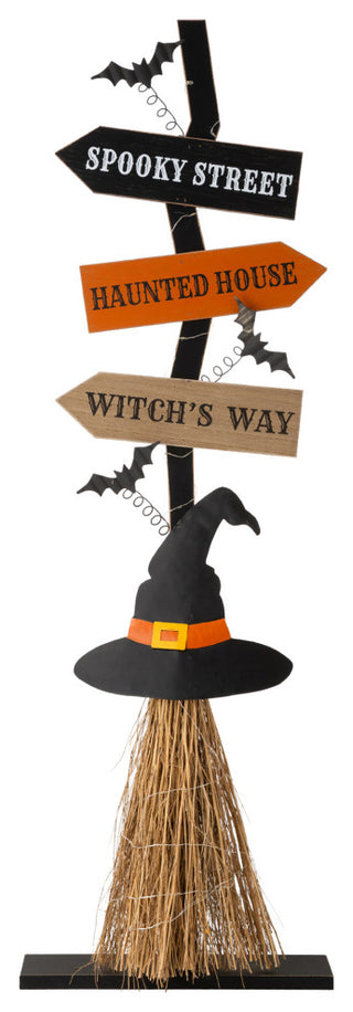 42"H Lighted Wooden Witch's Broom Porch Decor