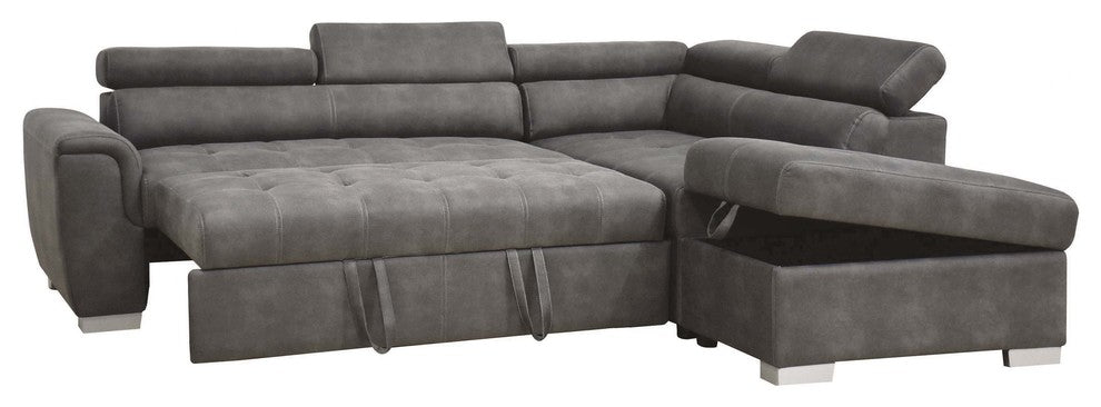 ACME Thelma Sectional Sofa With Sleeper and Ottoman, Gray Polished Microfiber