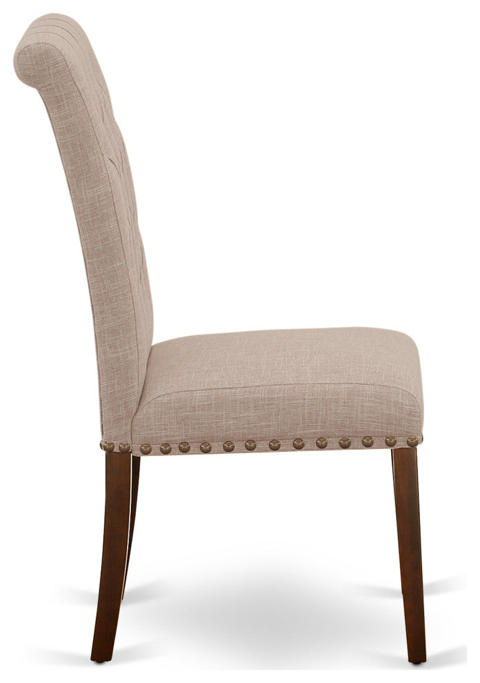 3Pc Dinette Set, Square Table, Two Parson Chairs, Light Fawn Fabric, Mahogany