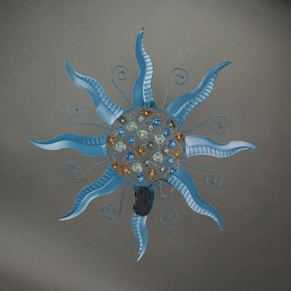 28 Inch Blue Metal Sun LED Light Wall Sculpture Decorative Rustic Home Decor Ar
