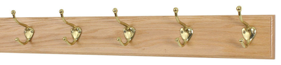 Solid Oak Wall Coat Rack, Brass Hooks, Natural, 25.5"x3.5", 5-Hooks