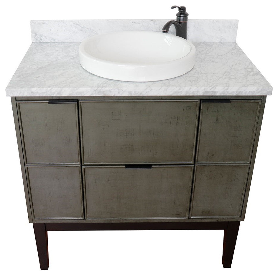37" Single Vanity, Linen Gray Finish With White Carrara Top And Round Sink