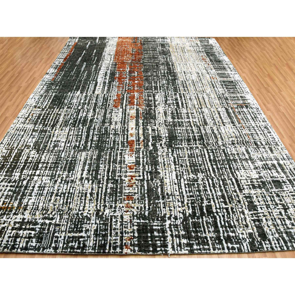 Jet Black, Organic Wool Hand Knotted, Abstract Design Oriental Rug, 9'0"x12'4"