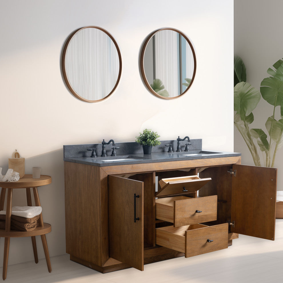 Vanity Art Bathroom Vanity With Sink, Tan, 60" Double, Black Limestone Top