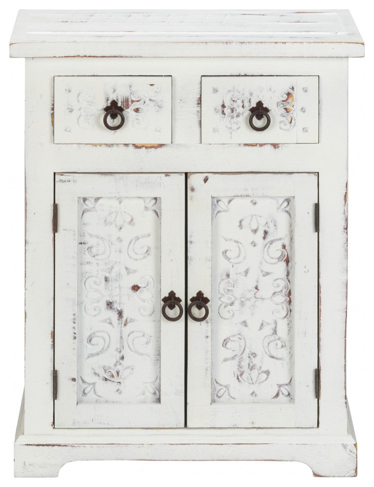 Distressed White Wooden Carved 2 Door and 2 Drawer Cabinet