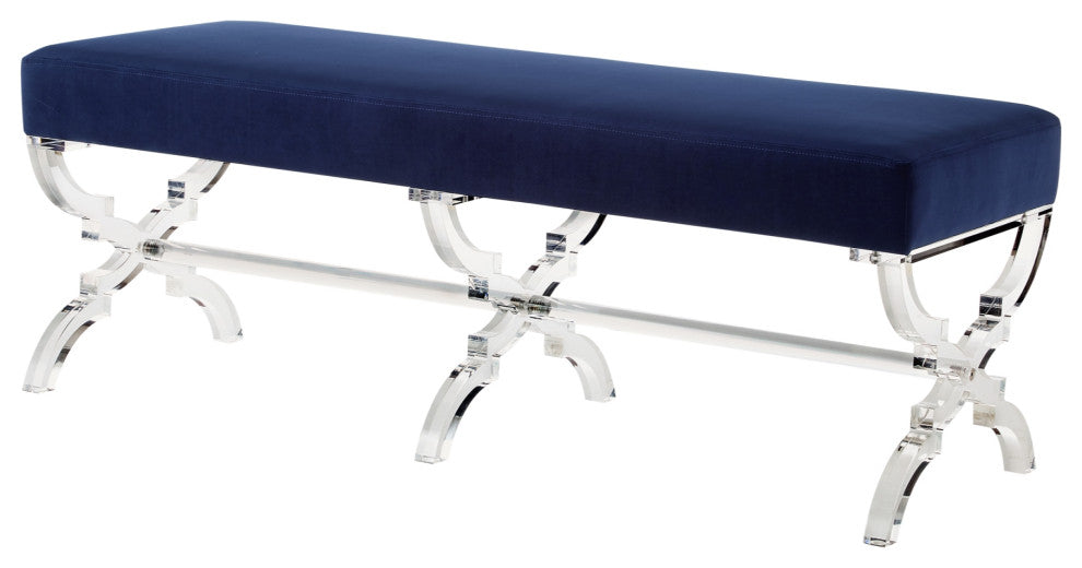 Enzo Velvet Acrylic X-Leg Bench, Navy