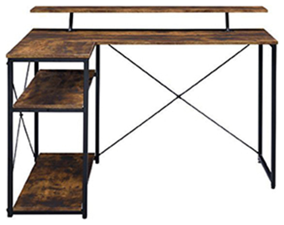 L Shape Wooden Writing Desk, Weathered Oak and Black Finish
