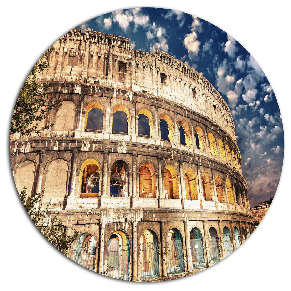 Wonderful Coliseum At Dusk, Landscape Round Metal Wall Art, 23"