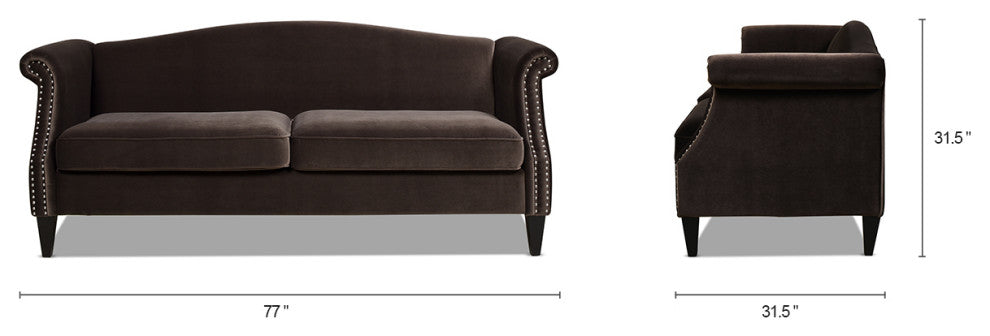 Elaine 77" Camel Back Small Space Sofa, Deep Brown Performance Velvet