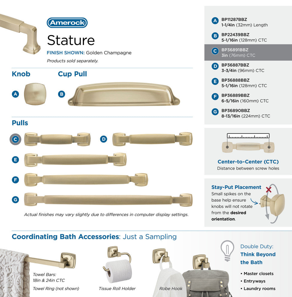 Amerock Stature Cabinet Pull, Golden Champagne, 3" Center-to-Center