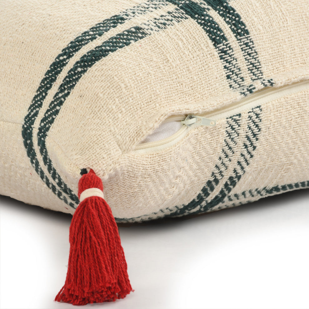 Ox Bay Handwoven Cream/Green Plaid Organic Cotton Pillow Cover, 20"x20"