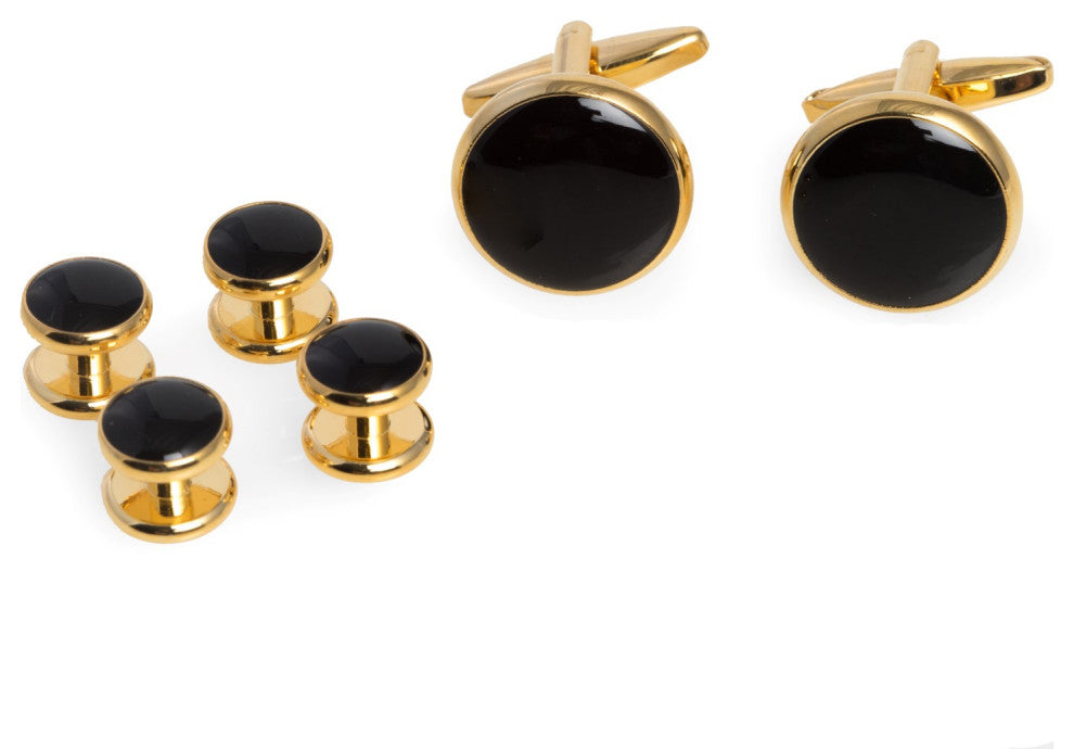 Black Enameled, Gold Plated Cufflinks and Studs Set