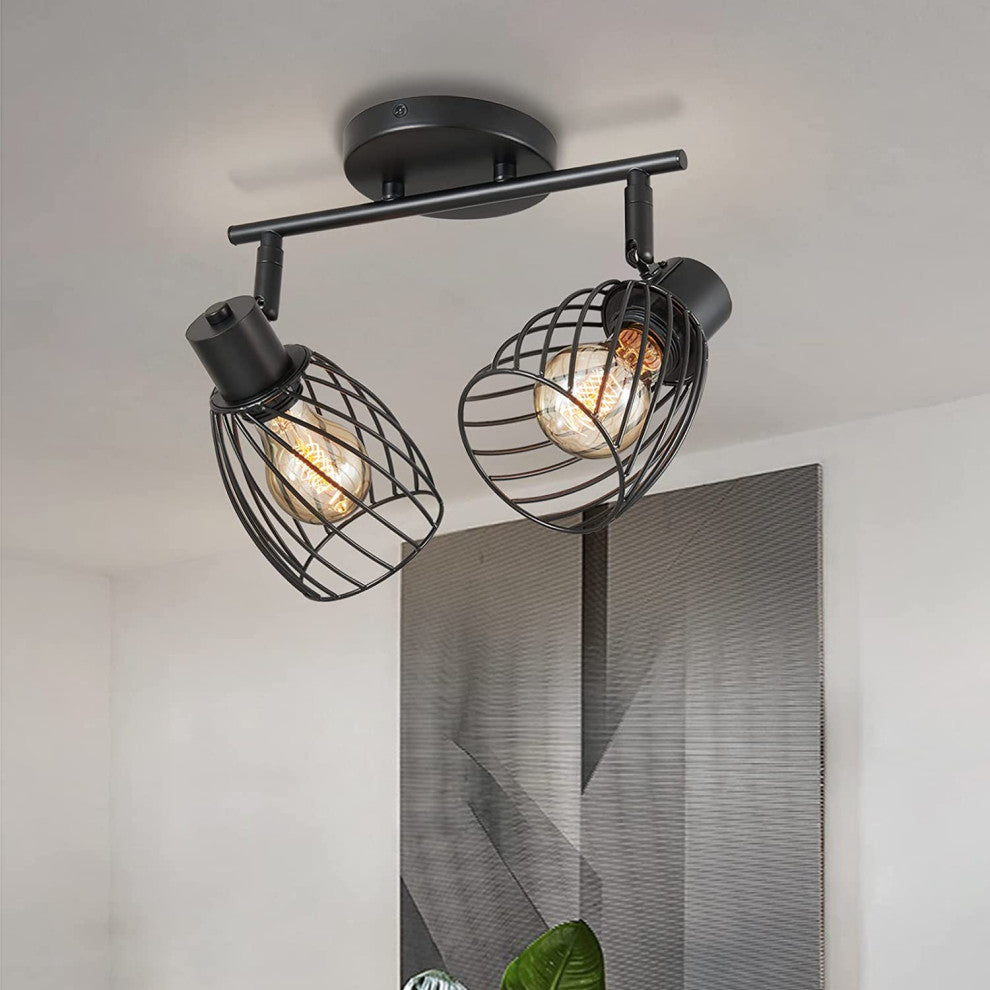 2 Light Semi Flush Mount, Farmhouse, Vintage, Cage, Black