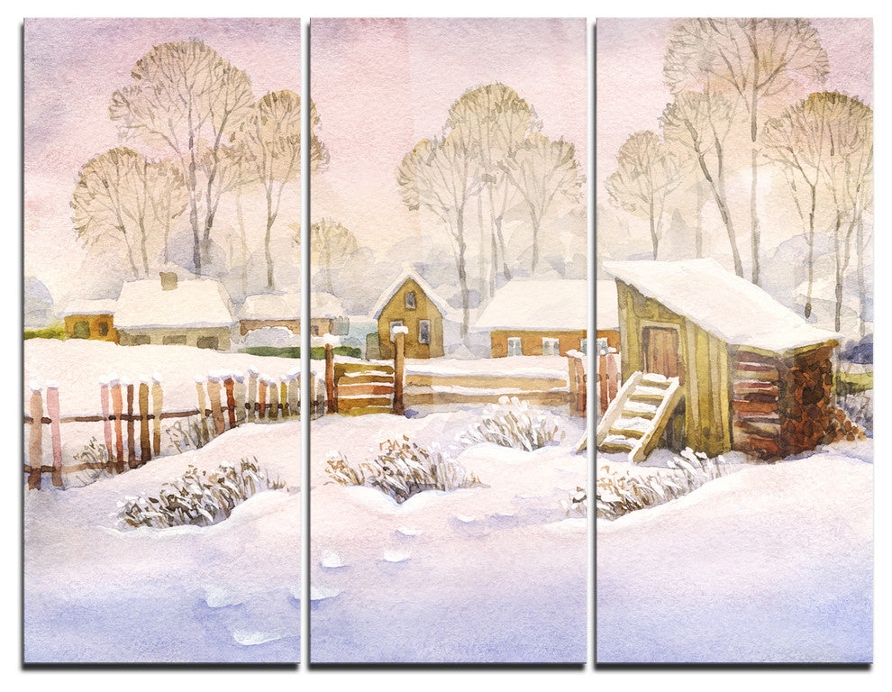 "Old Winter Village" Watercolor Metal Wall Art, 3 Panels, 36"x28"
