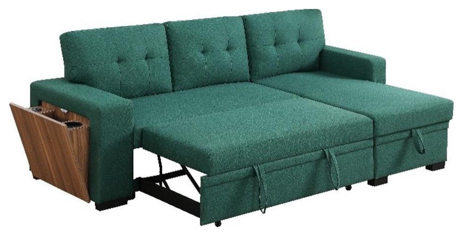 Fabric Reversible Modern Side Compartment Sleeper Sectional Sofa Bed-Green