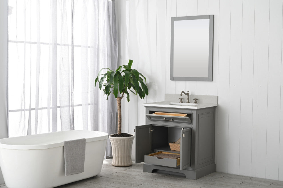 Milano Bathroom Vanity, Gray With White Quartz Top, Grey, 30", Non-Modular, Single Sink