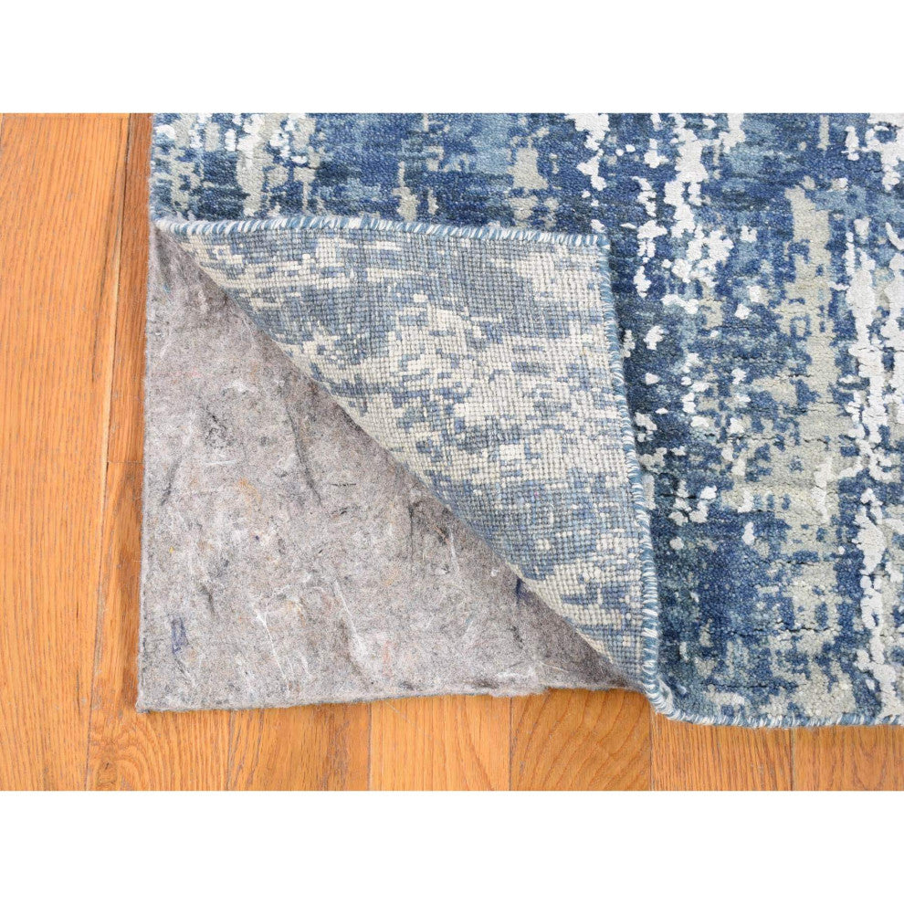Wool and Real Silk Hand Knotted Blue Abstract Design Runner Rug, 4'1" x 10'2"