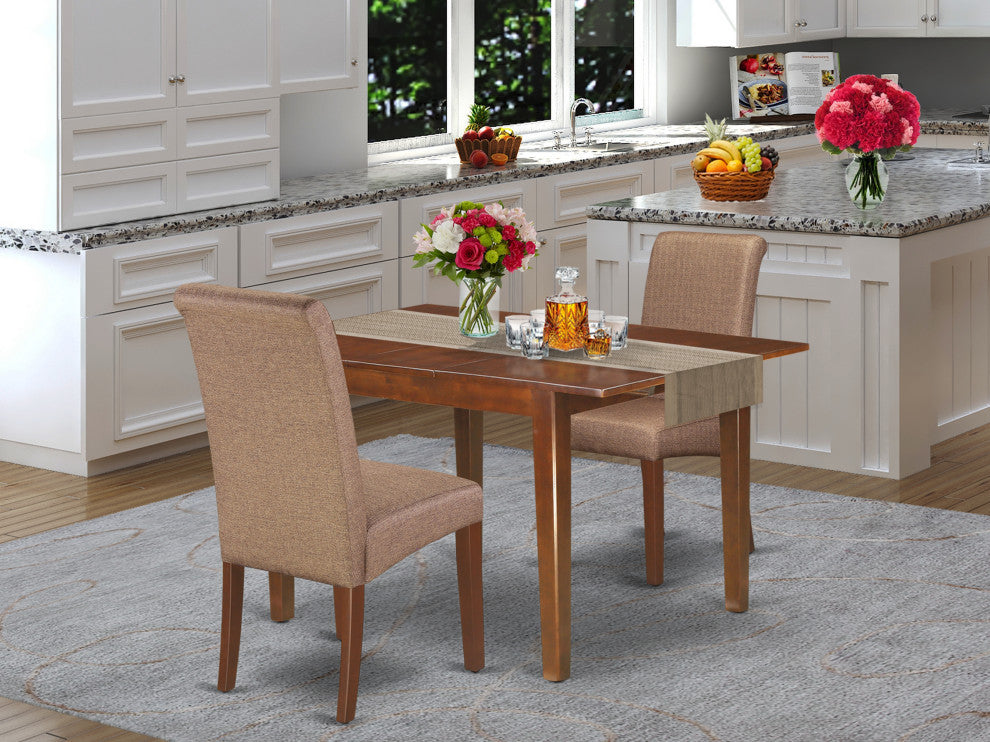 3Pc Kitchen Table, Linen Brown Fabric Parson Chairs, Mahogany Chair Legs