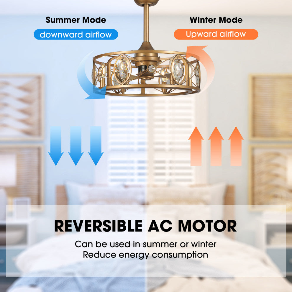 22 in Indoor Brass Gold Crystal Caged Ceiling Fan Chandelier With Remote