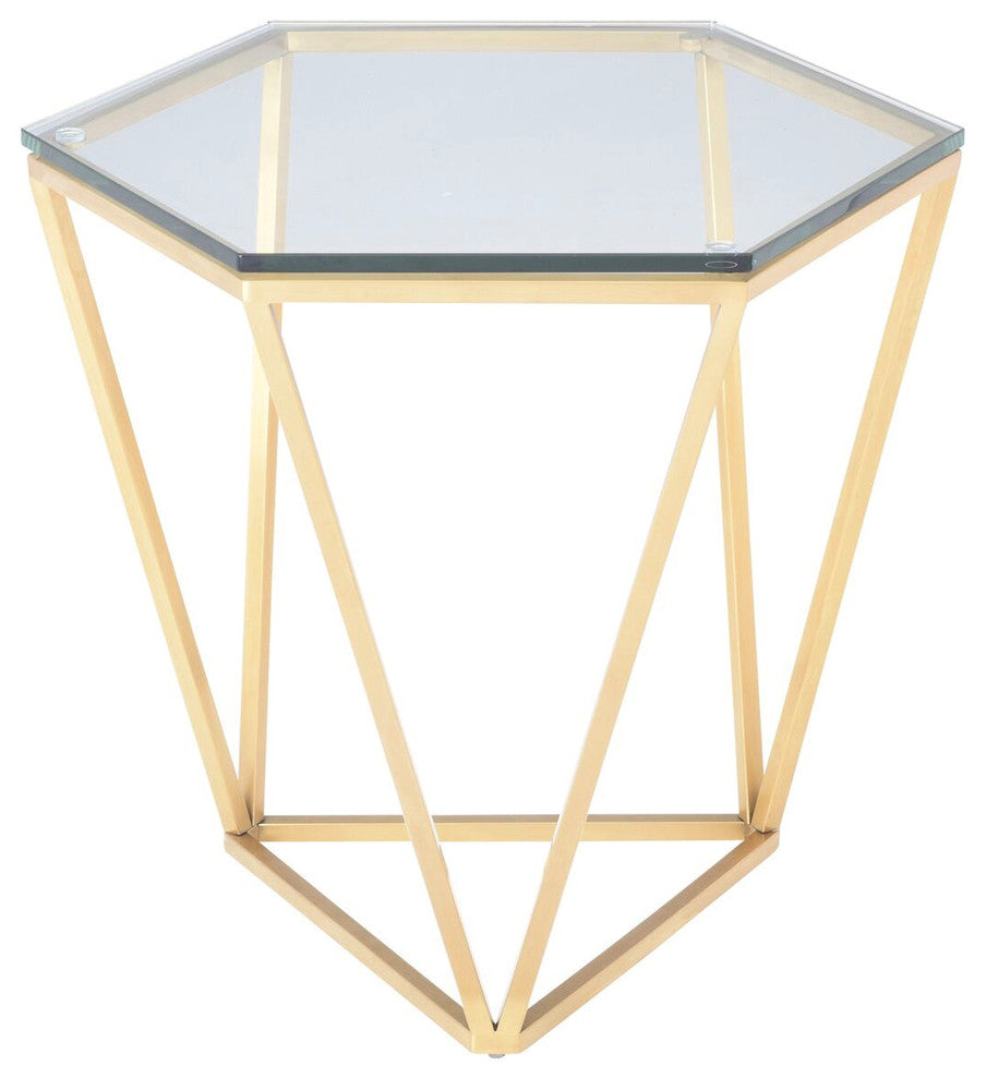 Louisa Side Table, Glass Top End Table, Hexagon Diamond Shaped Table, Brushed Go