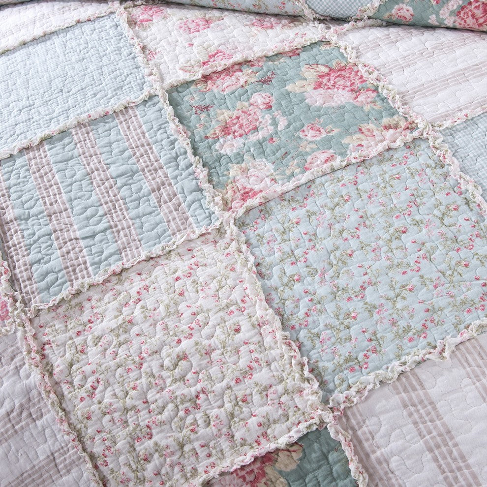 Blue Green Pastel Floral Cotton Patchwork Ruffle Quilted Bedspread Set, Queen