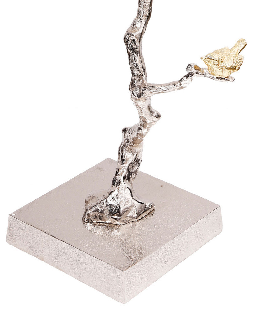 Benzara BM285256 28" Accent Table, Artful Branch, Gold Bird Accents, Silver