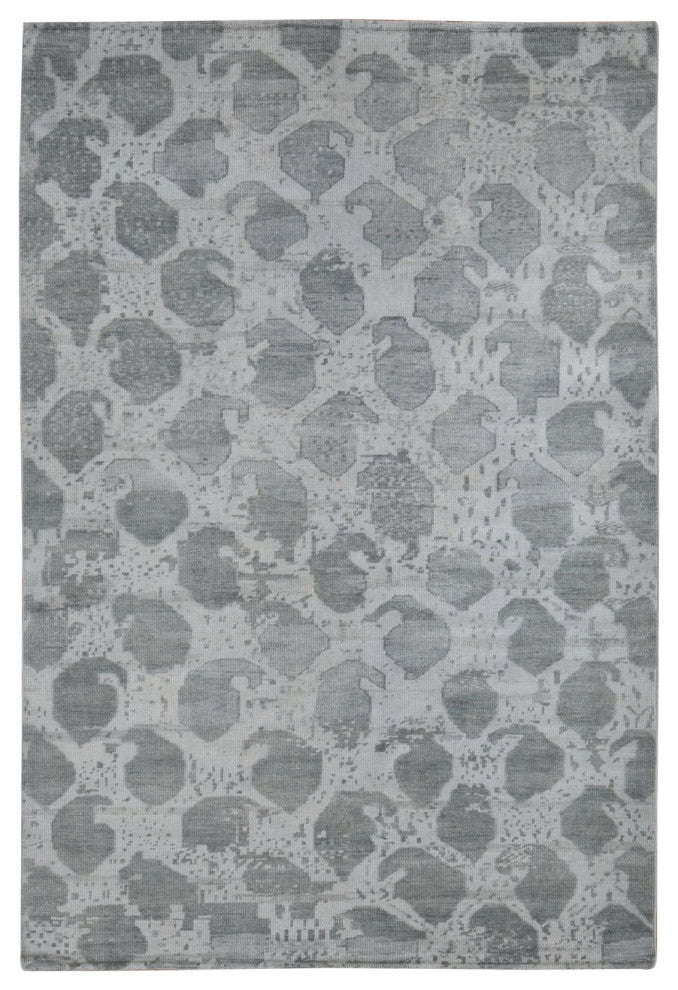Gray Oushak Repetitive Botteh Design Pure Wool Hand Knotted Rug 5'10" x 9'