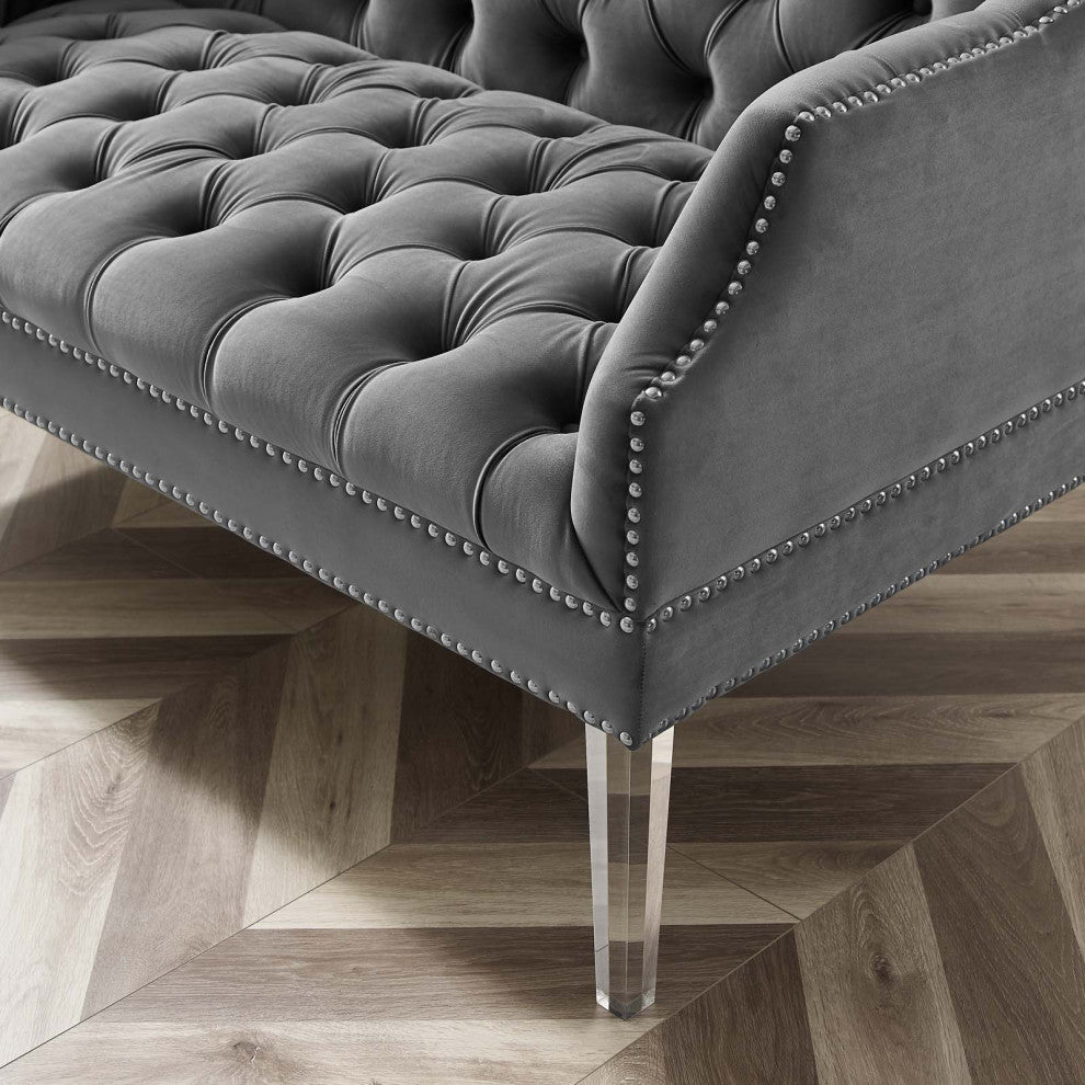 Tufted Loveseat Sofa, Velvet, Gray, Modern, Living Lounge Hotel Hospitality
