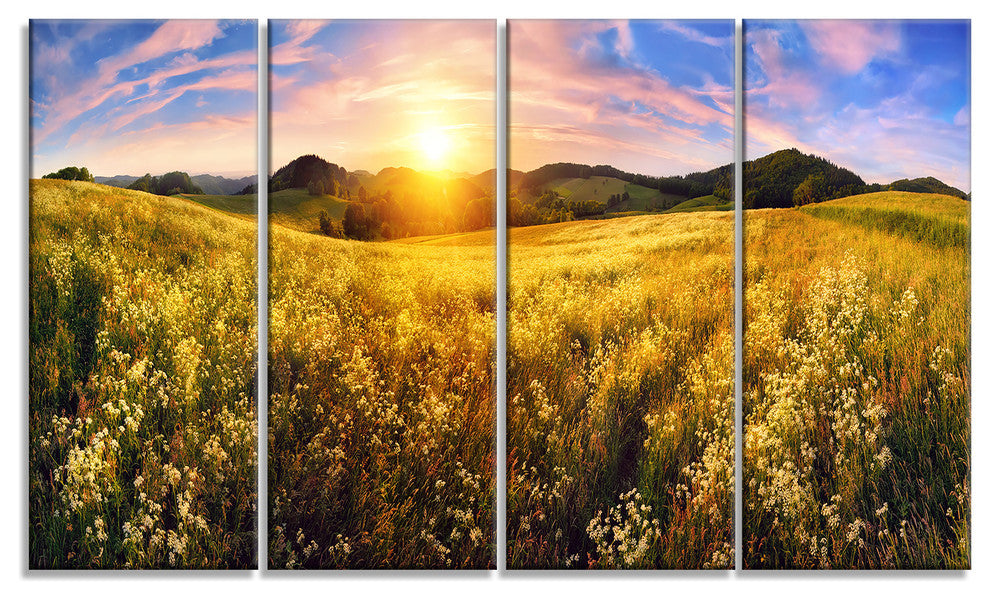 Beautiful Meadow Panorama, Landscape Canvas Art Print, 48"x28", 4 Panels