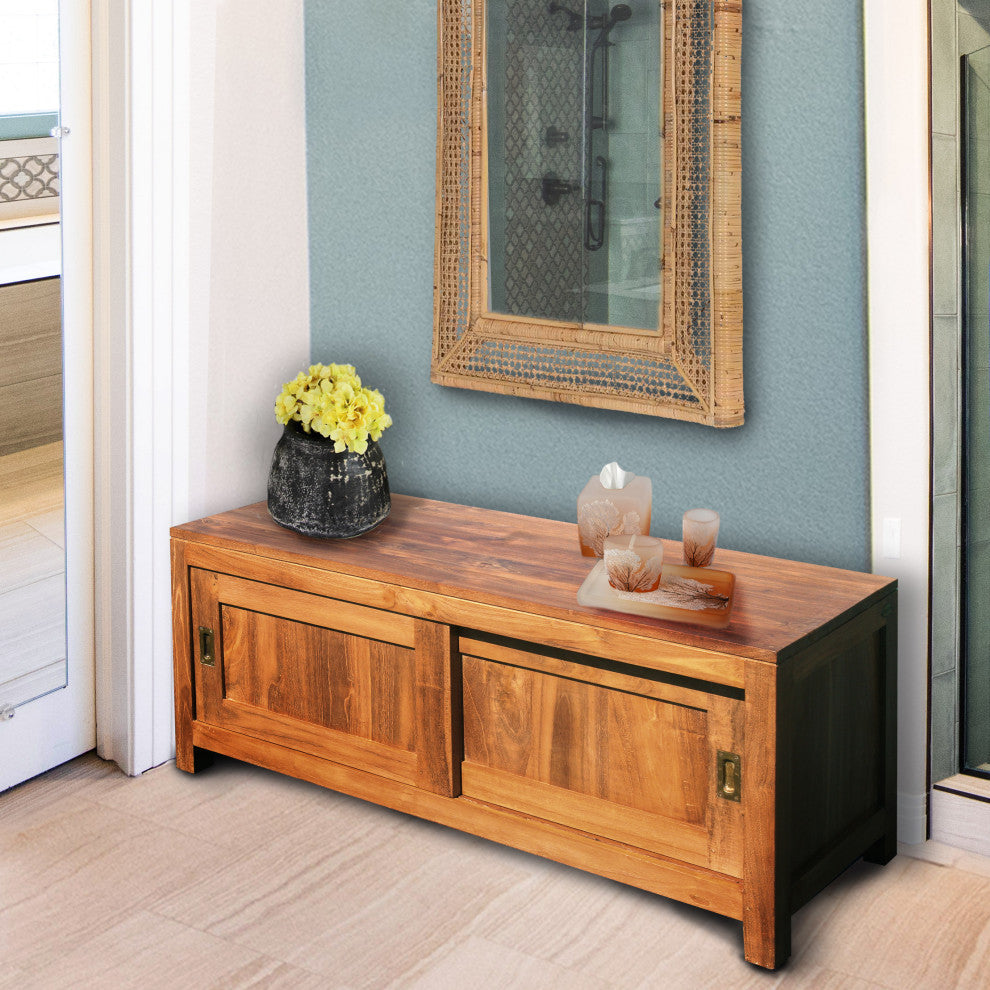 Waxed Teak Wood Sonoma Bathroom Linen Cabinet With 2 Sliding Doors