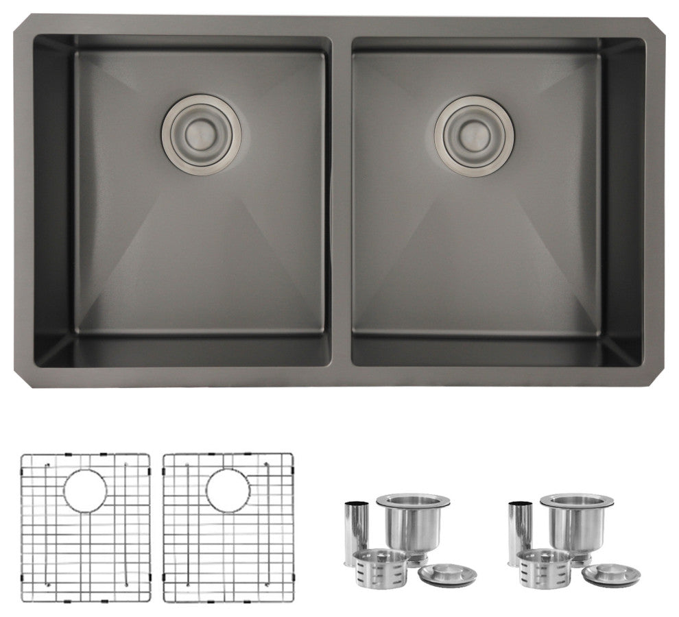 STYLISH 32in Graphite Black Double Bowl Undermount Stainless Steel Kitchen Sink