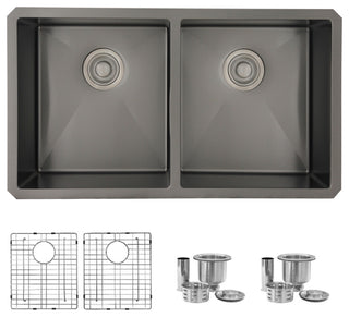 STYLISH 32in Graphite Black Double Bowl Undermount Stainless Steel Kitchen Sink