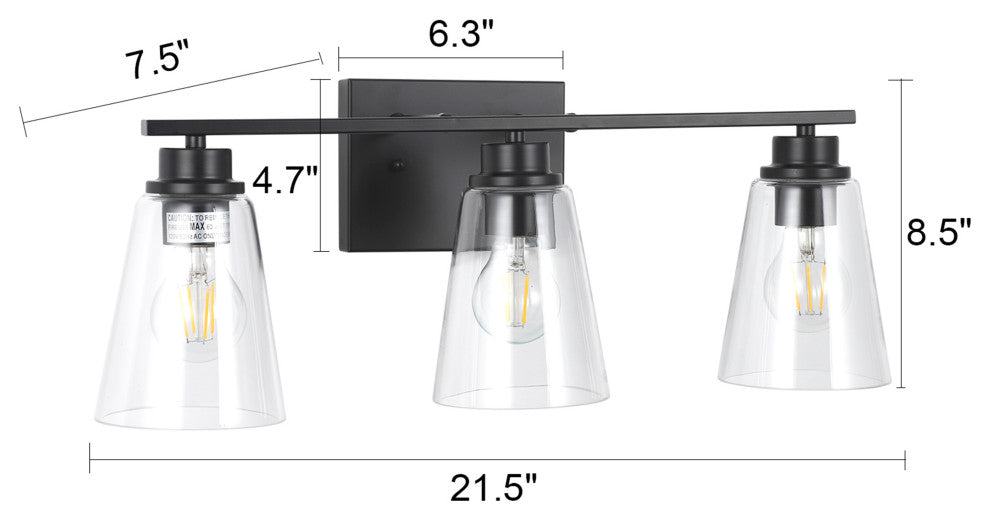Chloe Lighting Erian Transitional 3-Light Matt Black Vanity Bath-Light 22" Wide