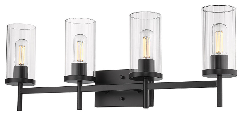 Winslett 4 Light Bath Vanity, Matte Black With Ribbed Clear Glass