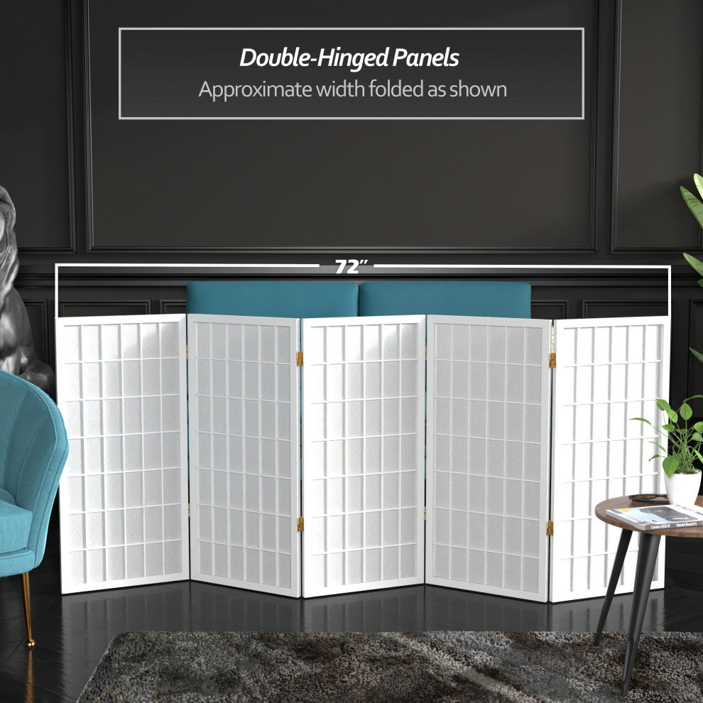 3' Tall Window Pane Shoji Screen, White, 5 Panels