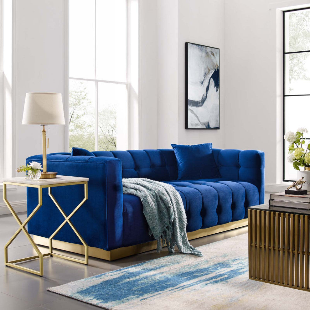Modern Designer Lounge Lobby Sofa, Velvet Fabric Metal Steel, Navy Blue