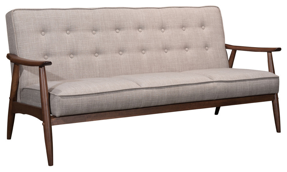 Retro Modern Button Tufted Sofa, Wood Arm, Beige Poly-Linen