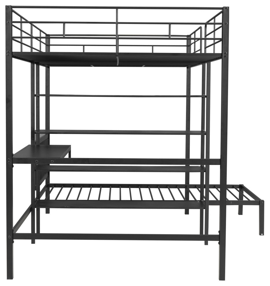 Gewnee Full Over Twin Metal Bunk Bed with Desk and Shelves in Black