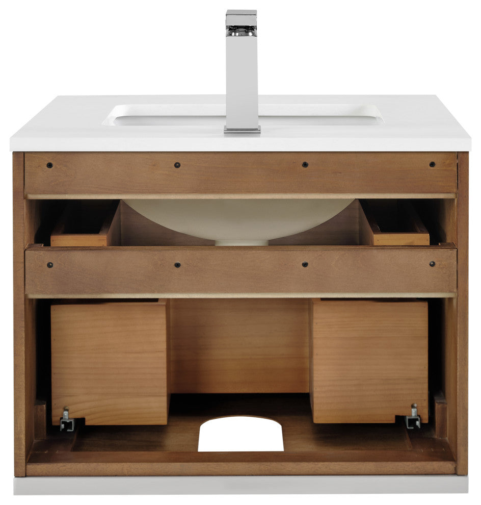 Terra Bathroom Vanity, Walnut/Brushed Nickel, 24", White Quartz Top