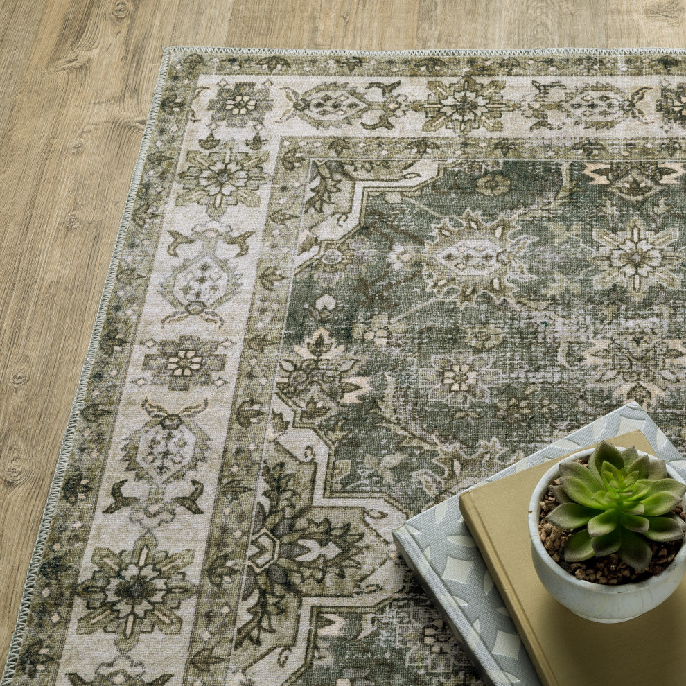 Michaela Machine Washable Vintage Beige/ Brown Area Rug, Beige, 7'6"x10'