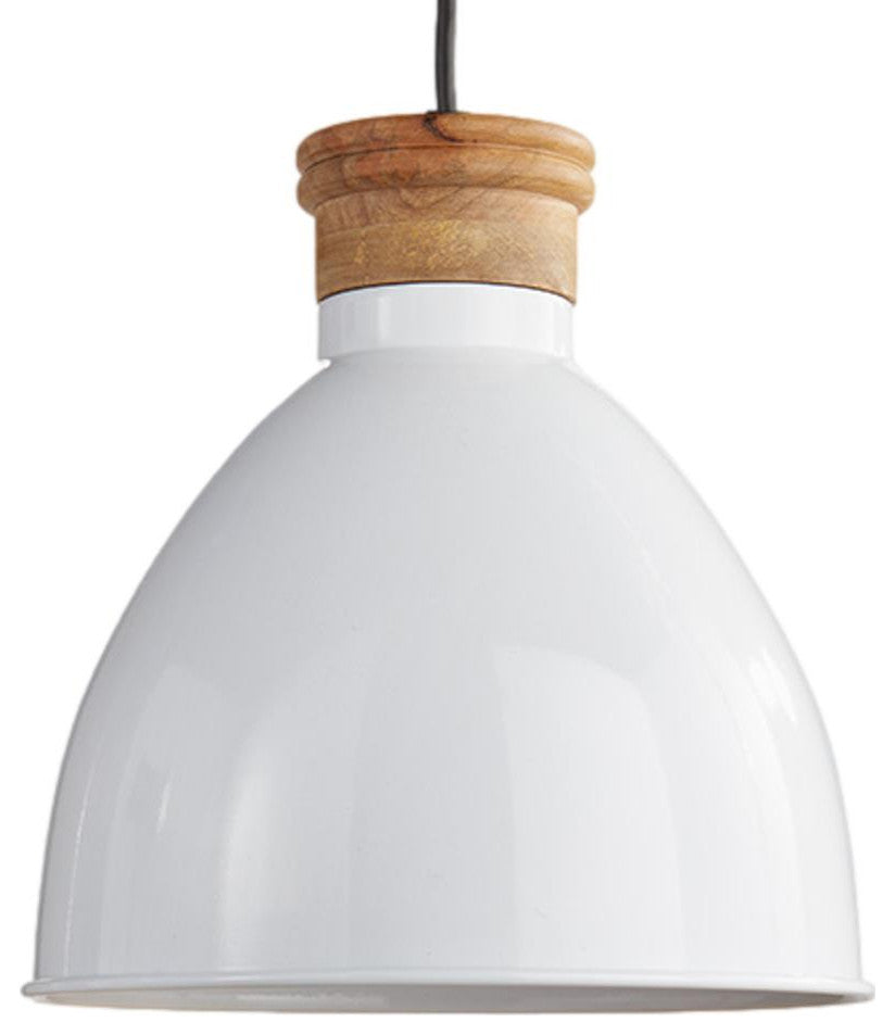 Contemporary Gloss White 1 Light Dome Pendant Metal Wood Modern Minimalist