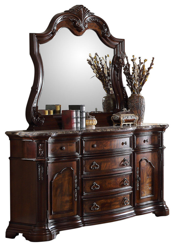 Barney''s Traditional Walnut Dresser and Mirror With Marble, 2-Piece Set