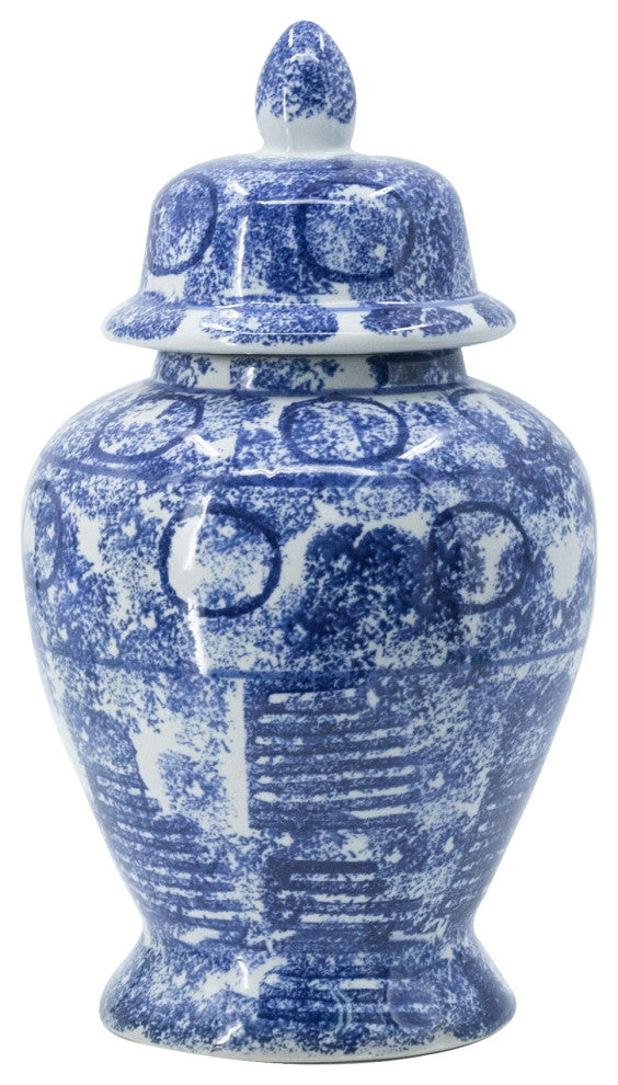 Benzara BM285525 17" Tall Ginger Jar, Abstract Blue & White Porcelain