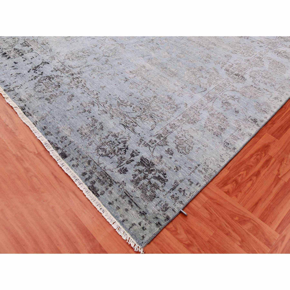 Silver Gray Wool and Silk Hand Knotted Persian Tabriz Design Rug, 8'10"x11'9"