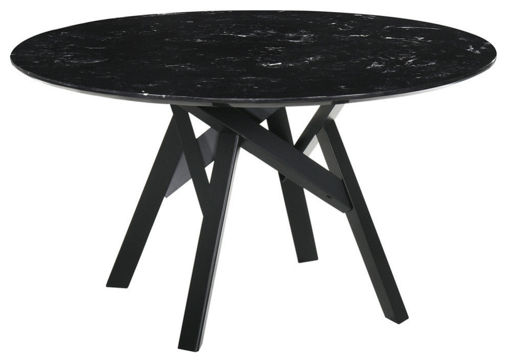 Venus 54" Round Black Marble Dining Table With Black Wood Legs