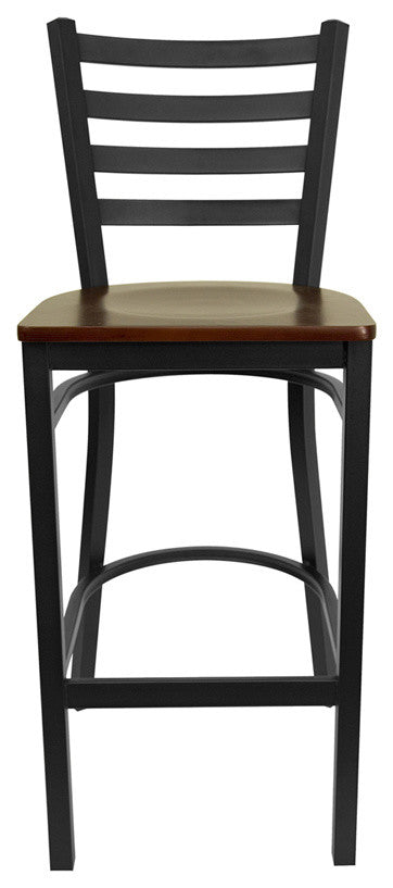 Dyersburg 29" Metal Barstool Black Full Ladder Back, Mahogany Wood Seat