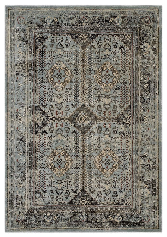 Brown and Silver Blue Enye Distressed Vintage Floral Lattice 5x8 Area Rug
